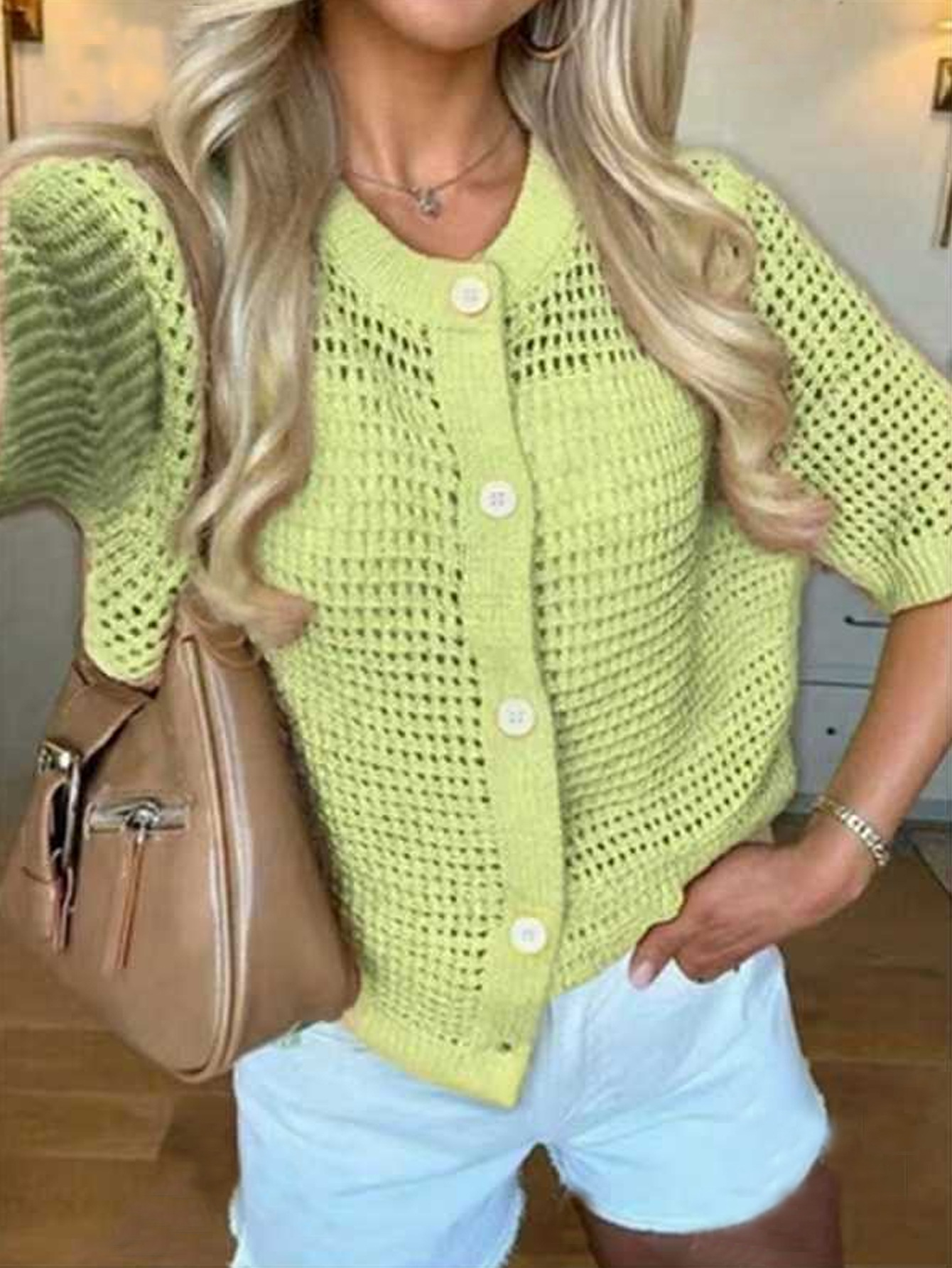 Women's French Style Crewneck Hollow Knit Short Sleeve Cardigan Sweater