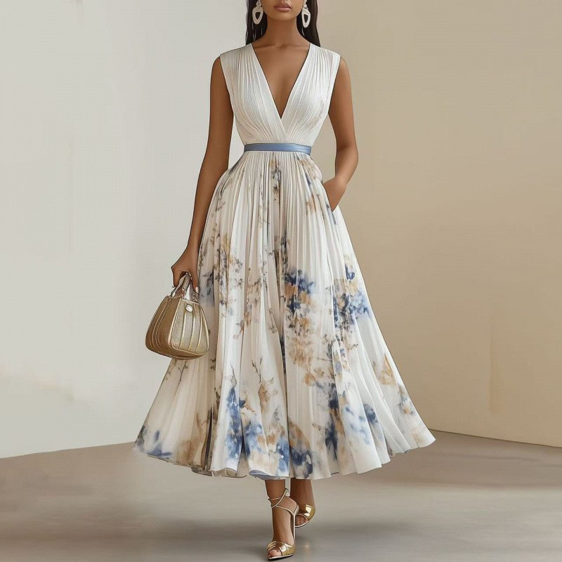 Women's Sleeveless Floral Print Maxi Dress with Oversized Pleated Skirt