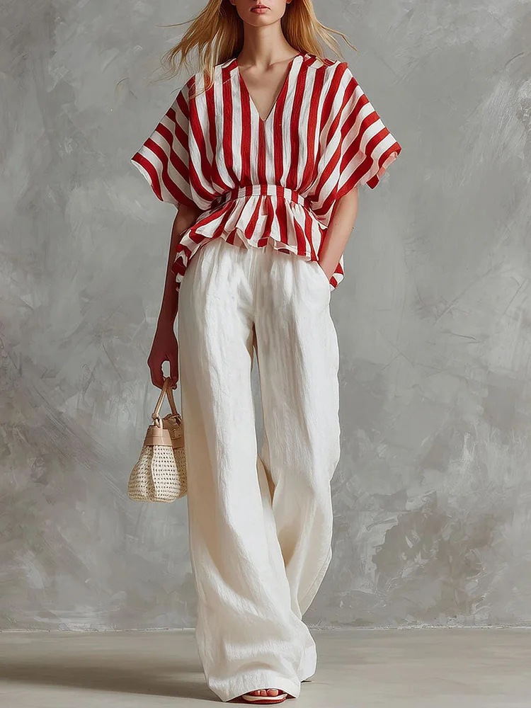 Red and White Striped Top with White Wide-Leg Pants Two-Piece Set
