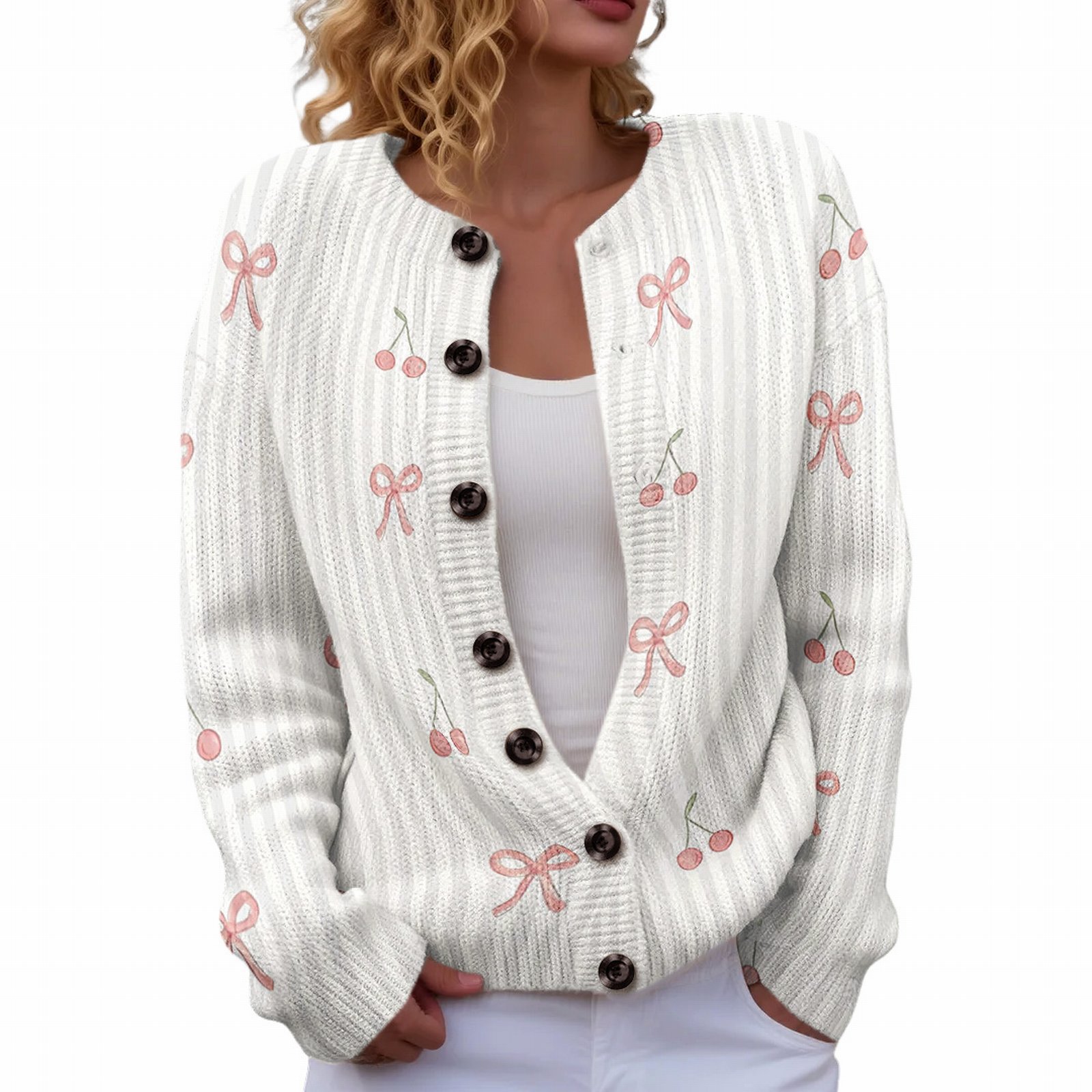 Women's Heart Ribbon Bow Cherry Print Cardigan