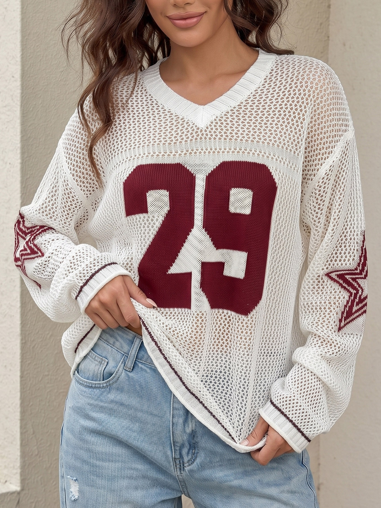 Women's Sheer Open-Knit V-Neck Long-Sleeve Jersey Cover-Up Tee