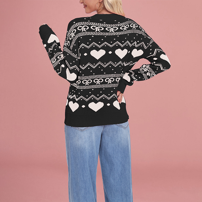 Heart Jacquard Knit Pullover Sweater Plus Size Crew Neck