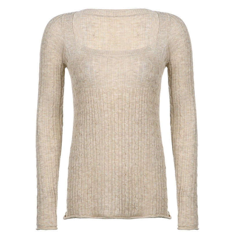 Women's Cable-Knit Square-Neck Sweater in Khaki