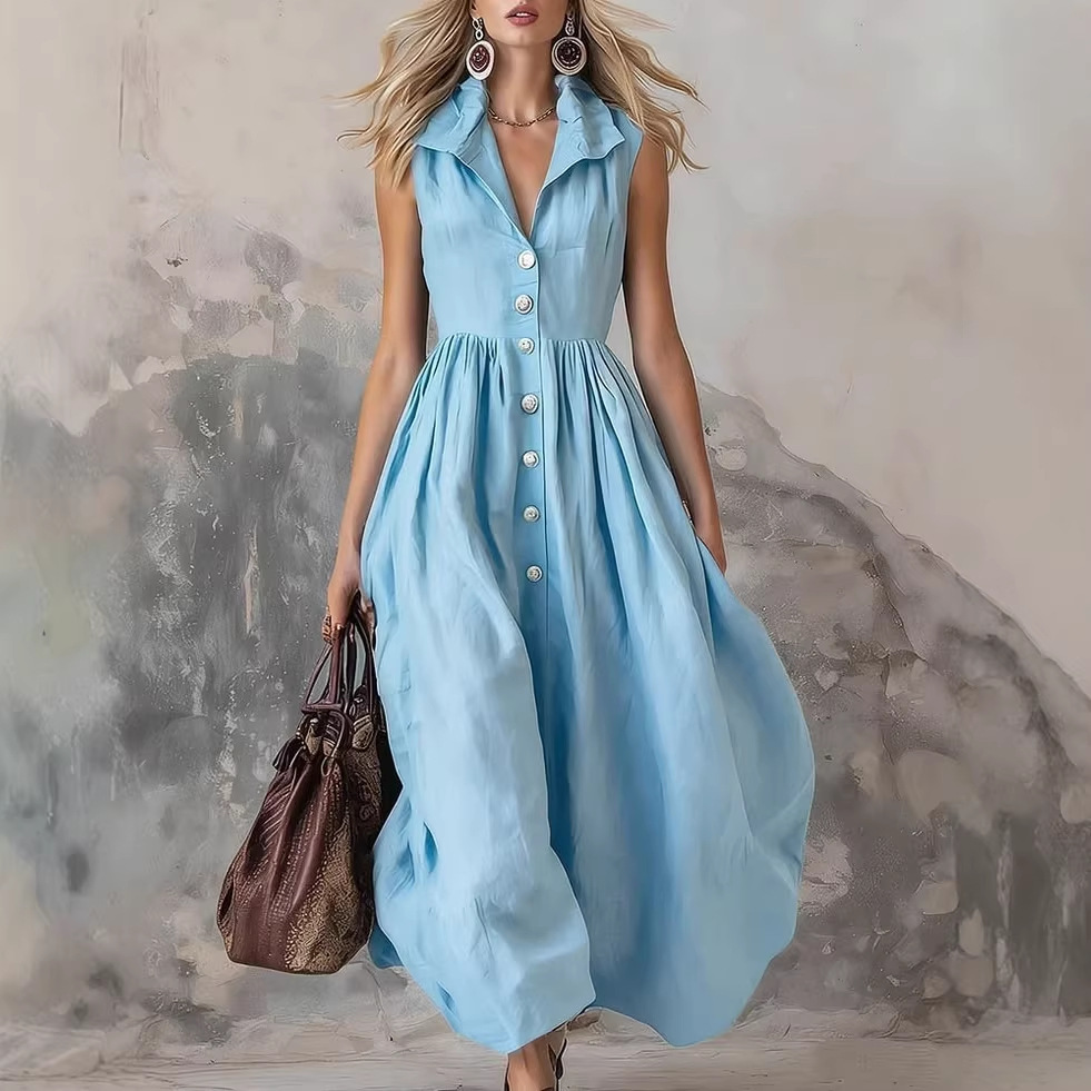 Women's Solid Color Collared Slim Fit Long Dress