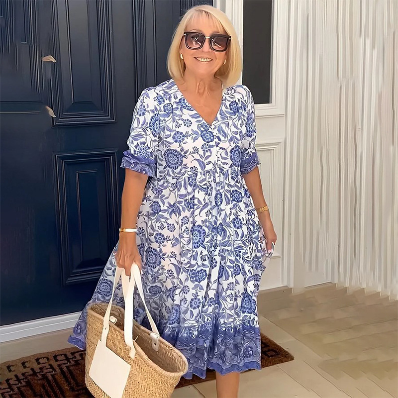 Women's Plus Size Floral Tie-Dye Print Loose Midi Dress V-Neck Half Sleeve