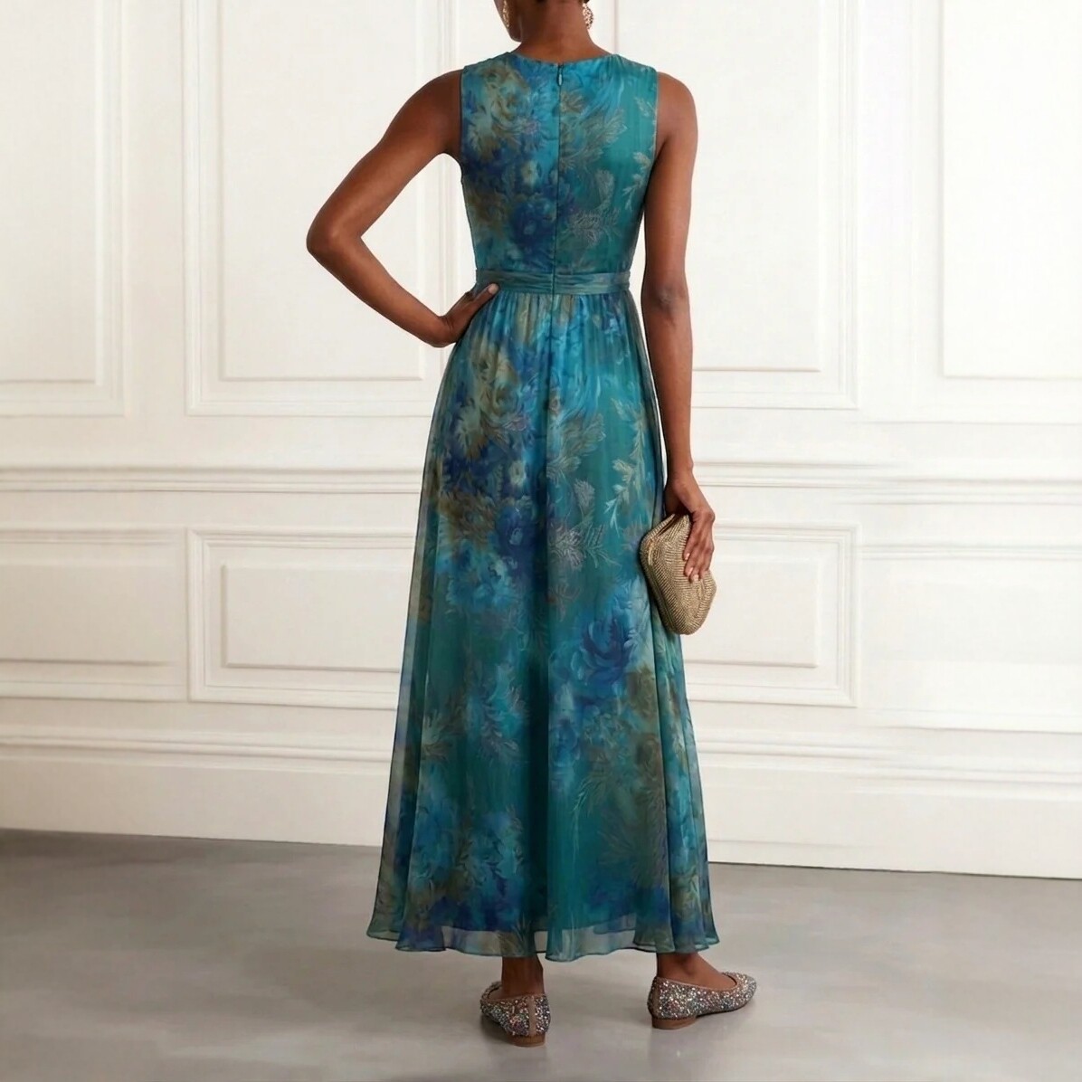 V-Neck Mesh Print Cinched Waist Sleeveless Long Dress