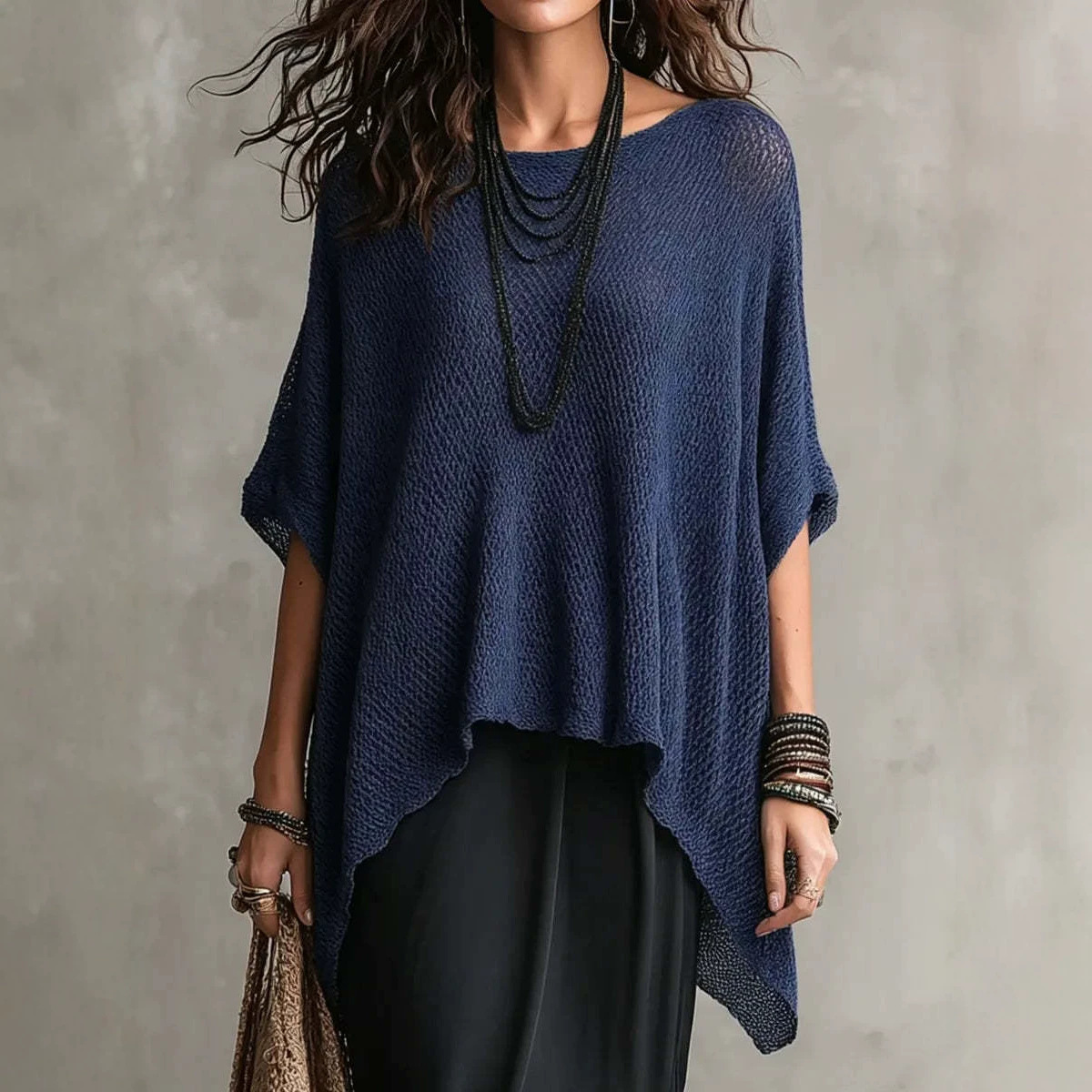 Women's Open Knit Top with Round Neck, Asymmetrical Hem, and Dolman Sleeves