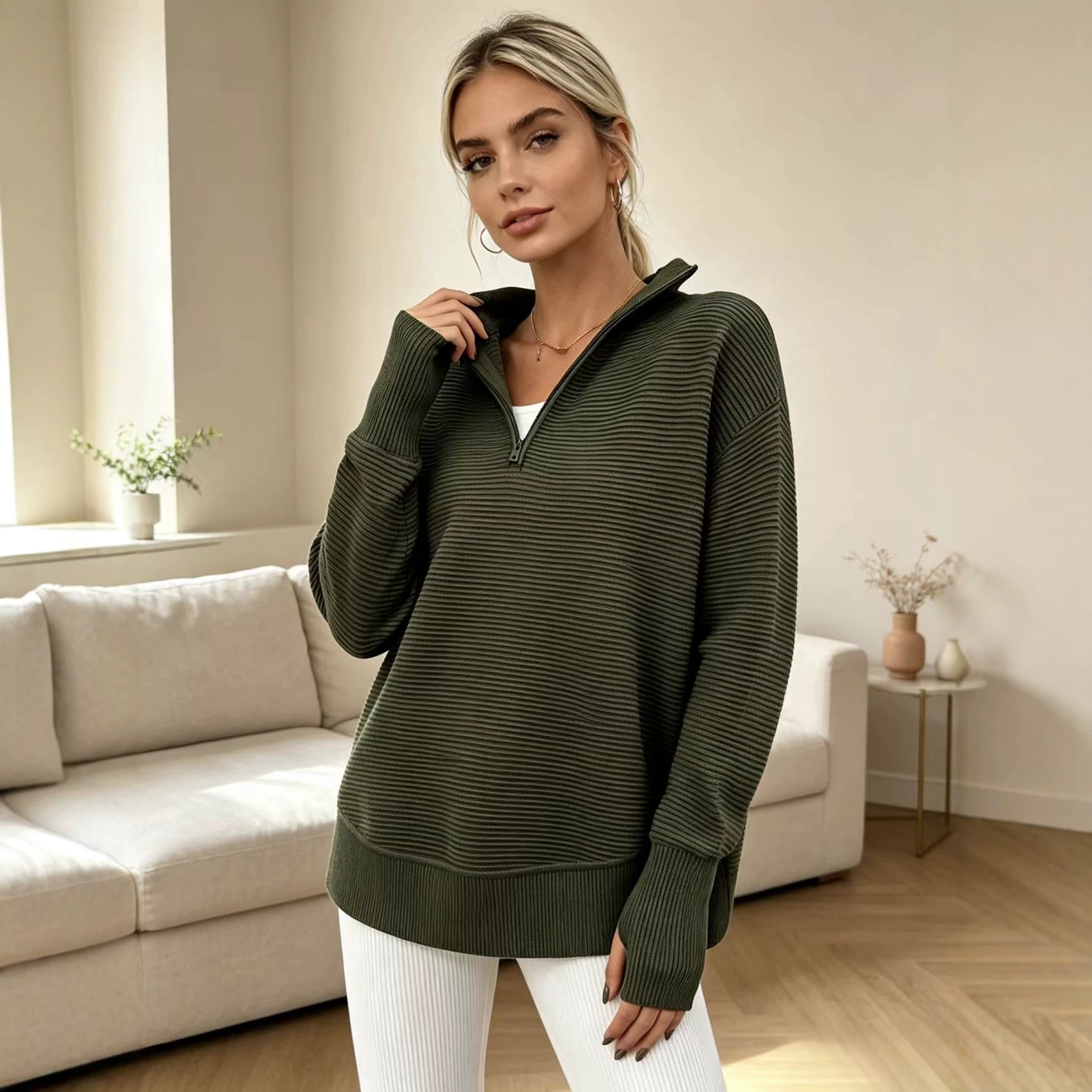 Women's Knit Half-Zip V-Neck Loose Midi Pullover Sweater with Dolman Sleeves