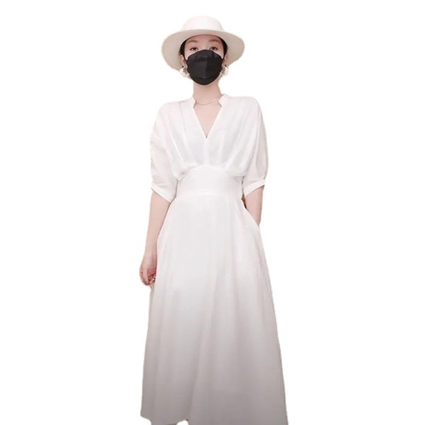 Women's French Style White Shirt Dress with Cinched Waist
