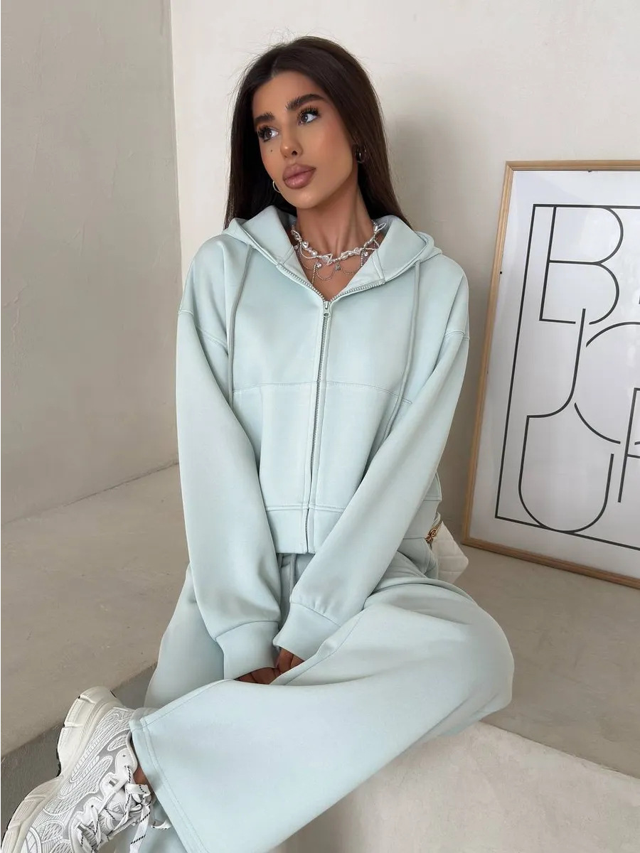 Solid Color Zip-Up Hoodie and Pants Two-Piece Set Cotton Blend Long Sleeve
