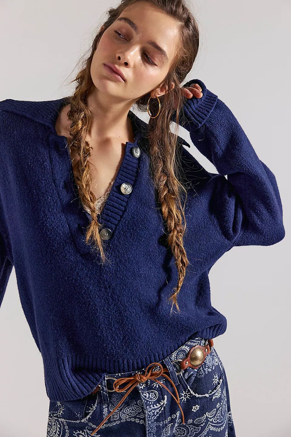 Women's Twist-Button V-Neck Knit Sweater