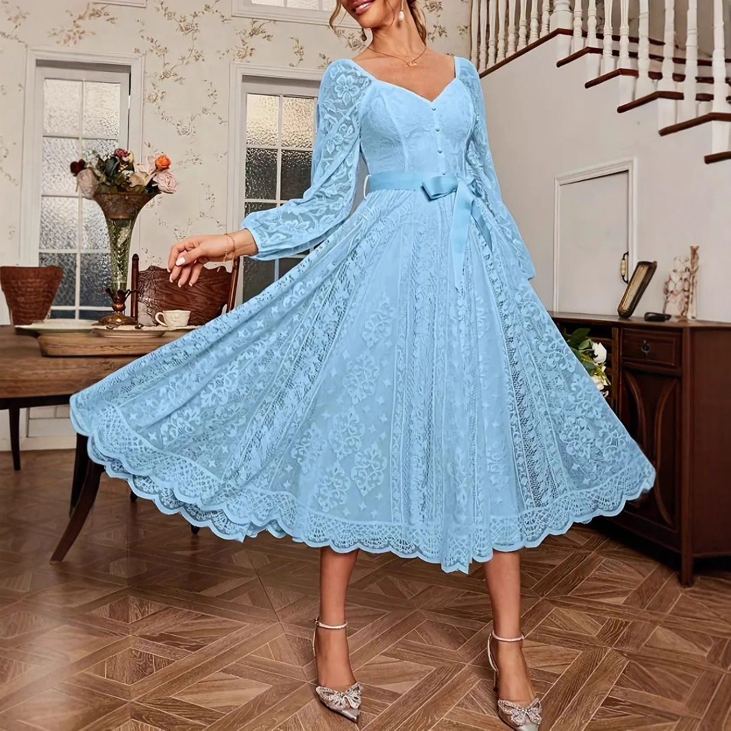 Elegant Vintage Lace V-Neck Long Sleeve A-Line Maxi Dress