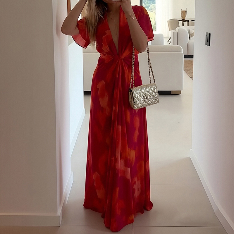 Women's Floral V-Neck High-Waist Long Dress