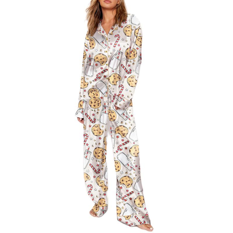 Cuban Collar Bow Ribbon Print Long Sleeve Women's Set
