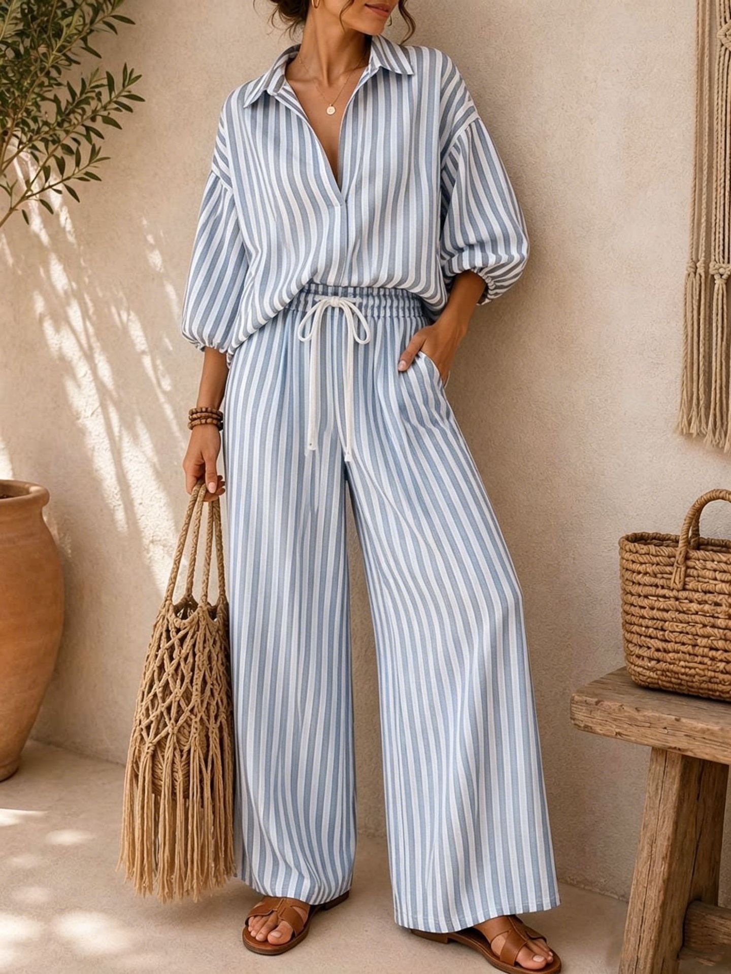 Striped Long Sleeve Shirt and Loose Pants Two-Piece Set