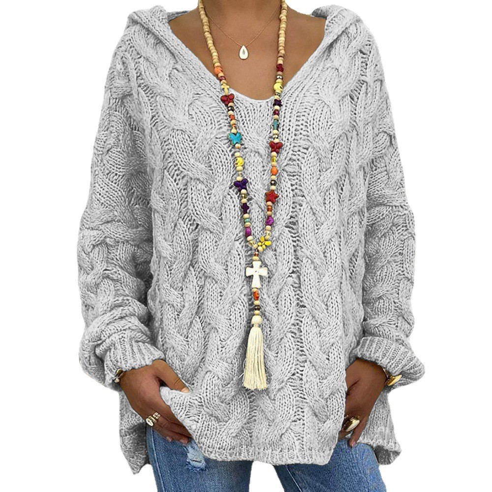 Women's Cable Knit V-Neck Hooded Pullover Sweater