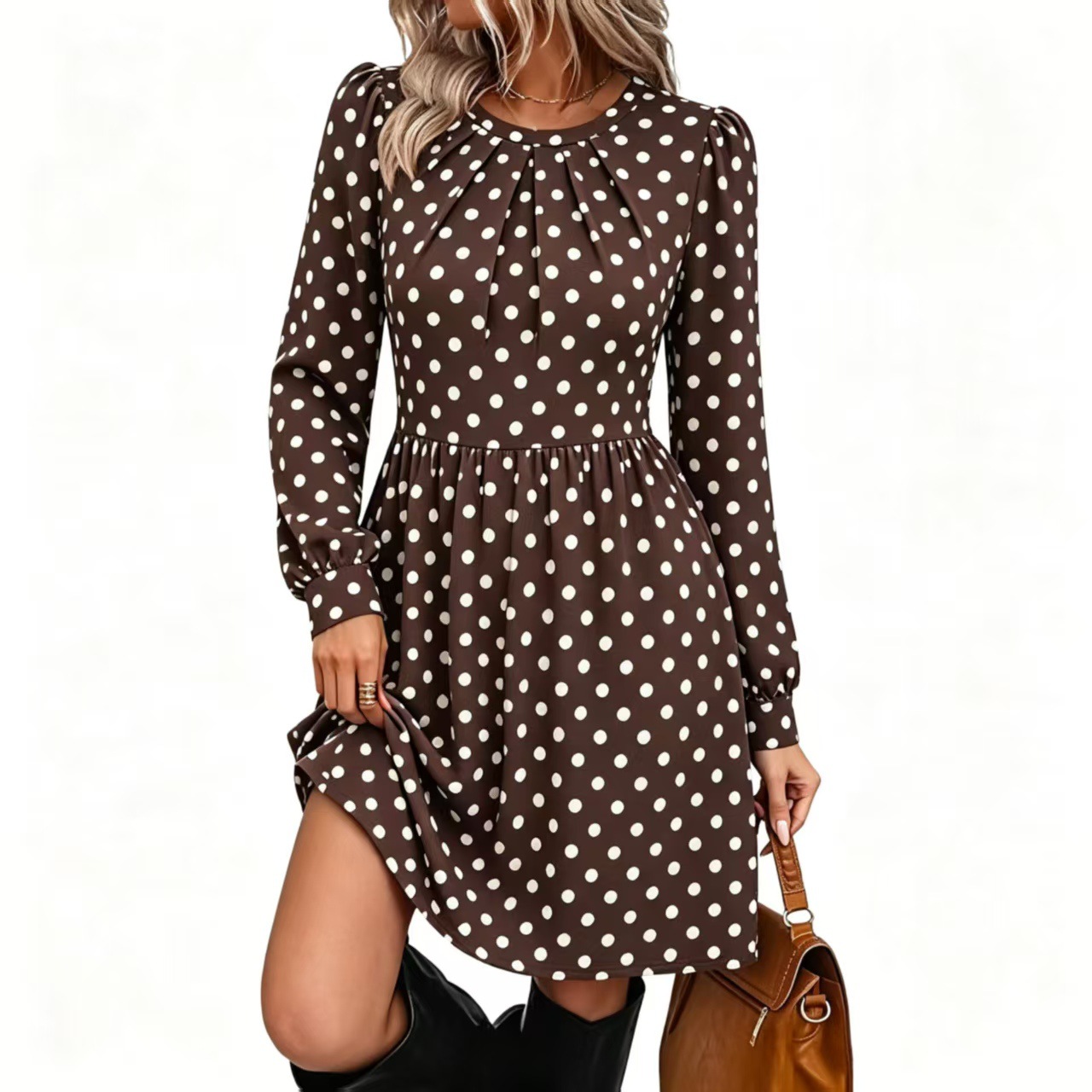 Korean Retro Plaid Long Sleeve Dress High Waist Flared Babydoll