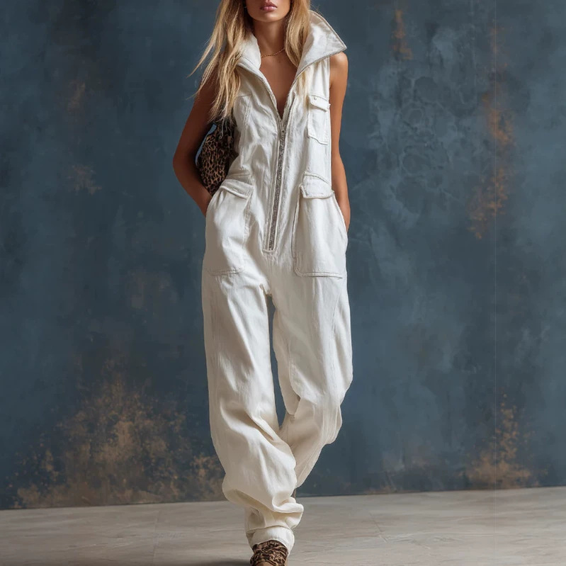 White Sleeveless Denim Jumpsuit Casual Wide-Leg
