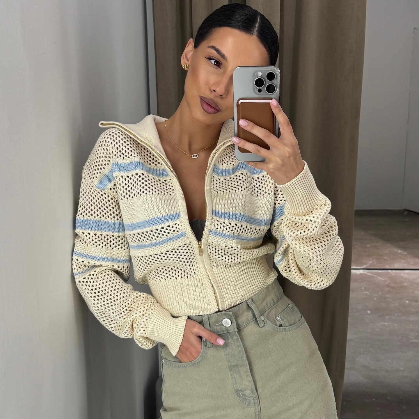 Summer Half-Turtleneck Long-Sleeve Open-Knit Cardigan Top