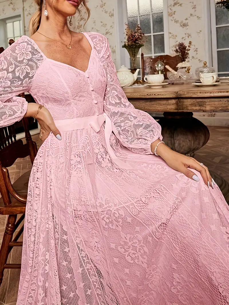 Elegant Vintage Lace V-Neck Long Sleeve A-Line Maxi Dress
