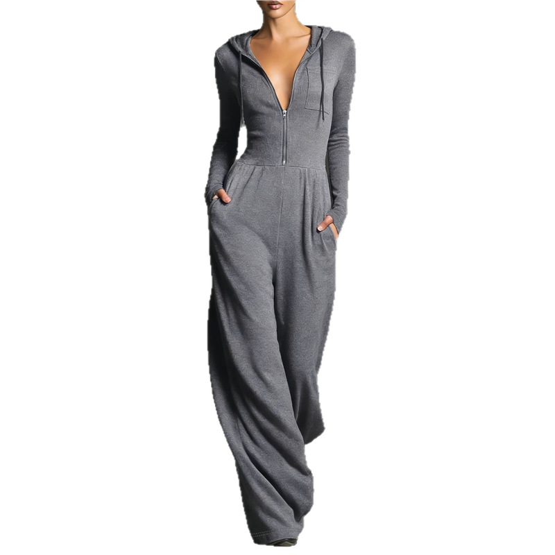 Women's Hooded Zip Wide-Leg Jumpsuit Long Sleeve Slim Fit Stretchy