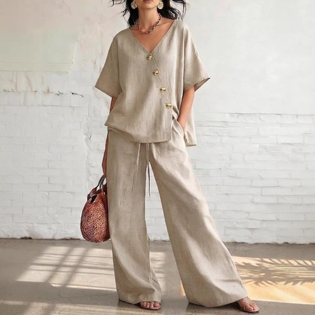Women's Casual Solid V-Neck Short Sleeve Top and Drawstring Pants Two-Piece Set