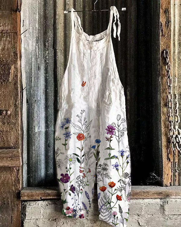 Women's Printed Cotton-Linen Cami Jumpsuit Sleeveless Wide-Leg Beach Romper