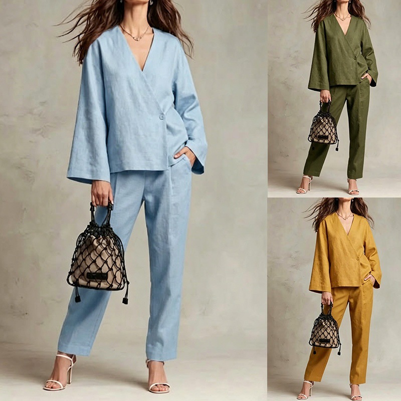 Women's Linen-Blend Button-Front Cardigan and Wide-Leg Pants Set