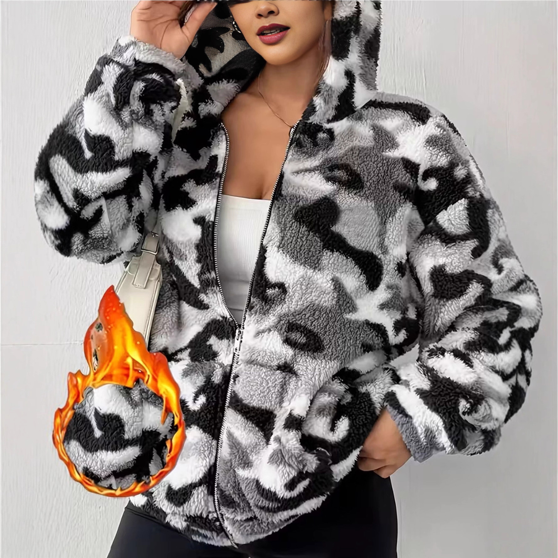 Reversible Camo Fleece Zip Hooded Cardigan Women's Plush Jacket