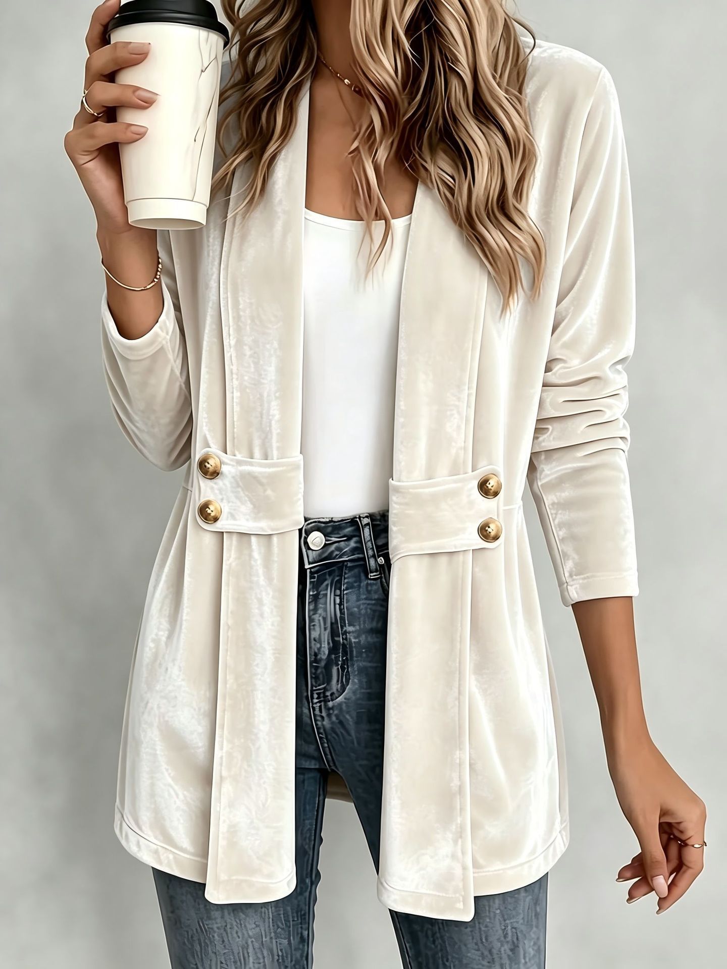Women's Double-Breasted Velvet Cardigan Lazy Style Mid-Length Top
