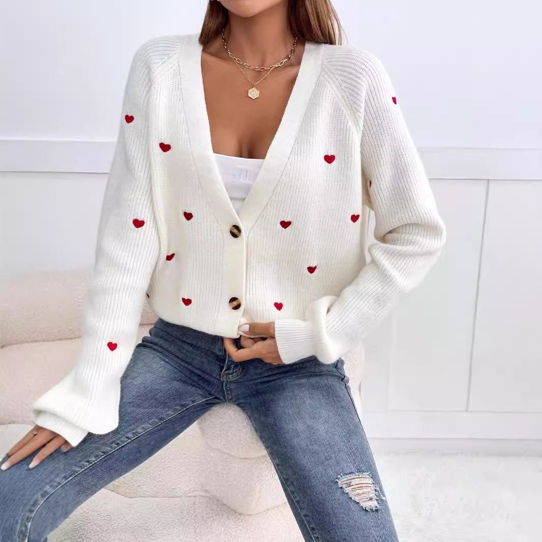 Heart Embroidered V-Neck Long Sleeve Knit Cardigan