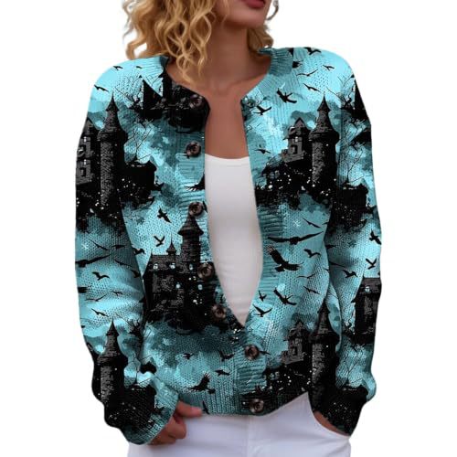 Halloween Pumpkin Castle Print Faux Knit Cardigan for Women