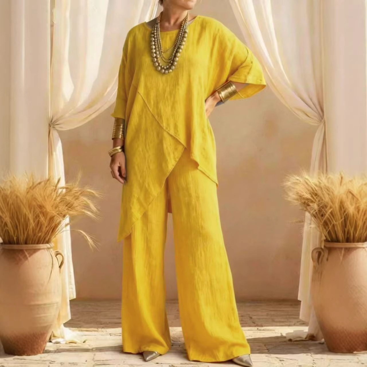 Women's Casual Solid Color Short Sleeve Cotton Linen Two-Piece Set