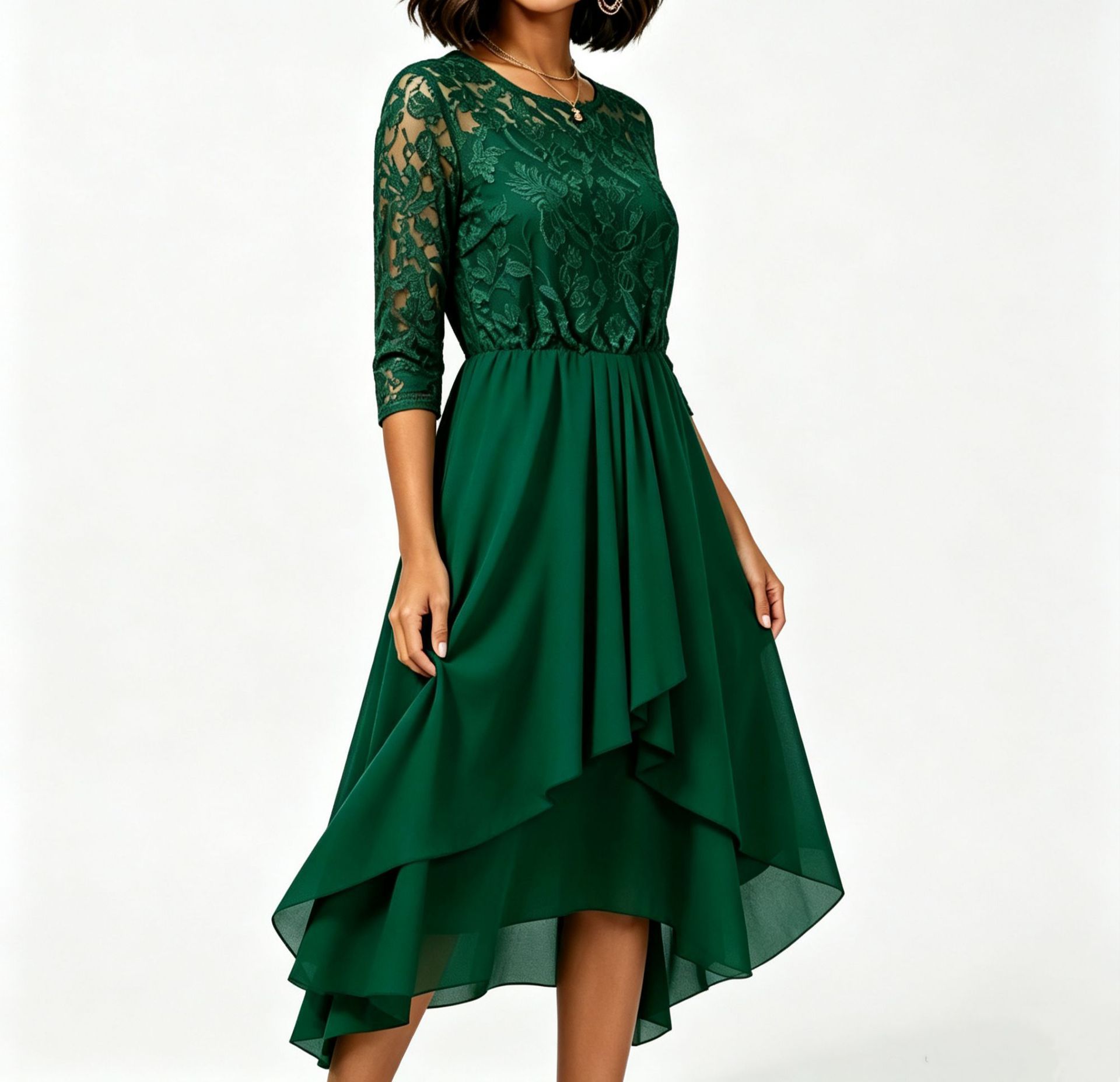 Women's Summer Lace Chiffon Round Neck Asymmetrical Hem Dress