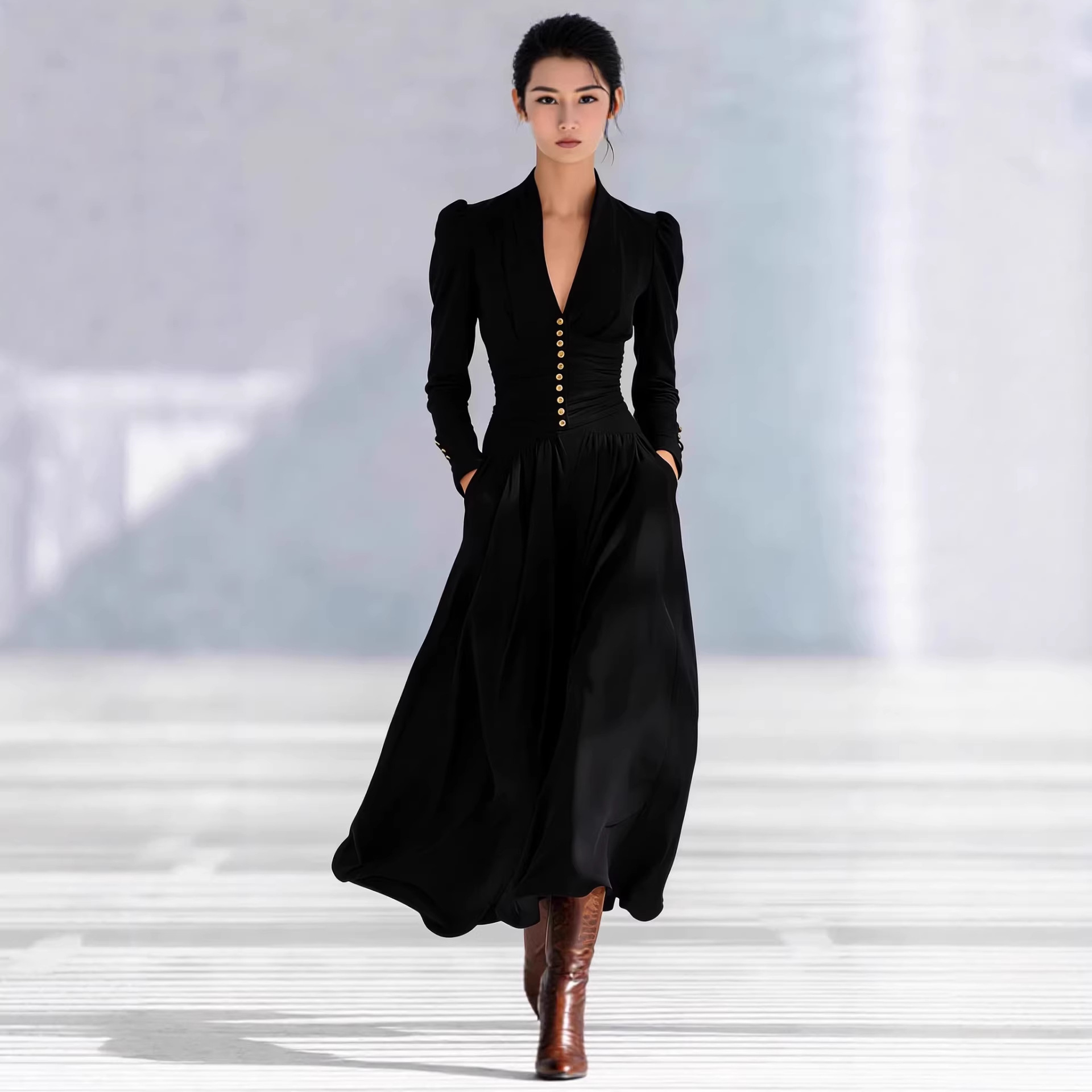 Elegant V-Neck Puff Sleeve Long Sleeve Maxi Dress with Cinched Waist