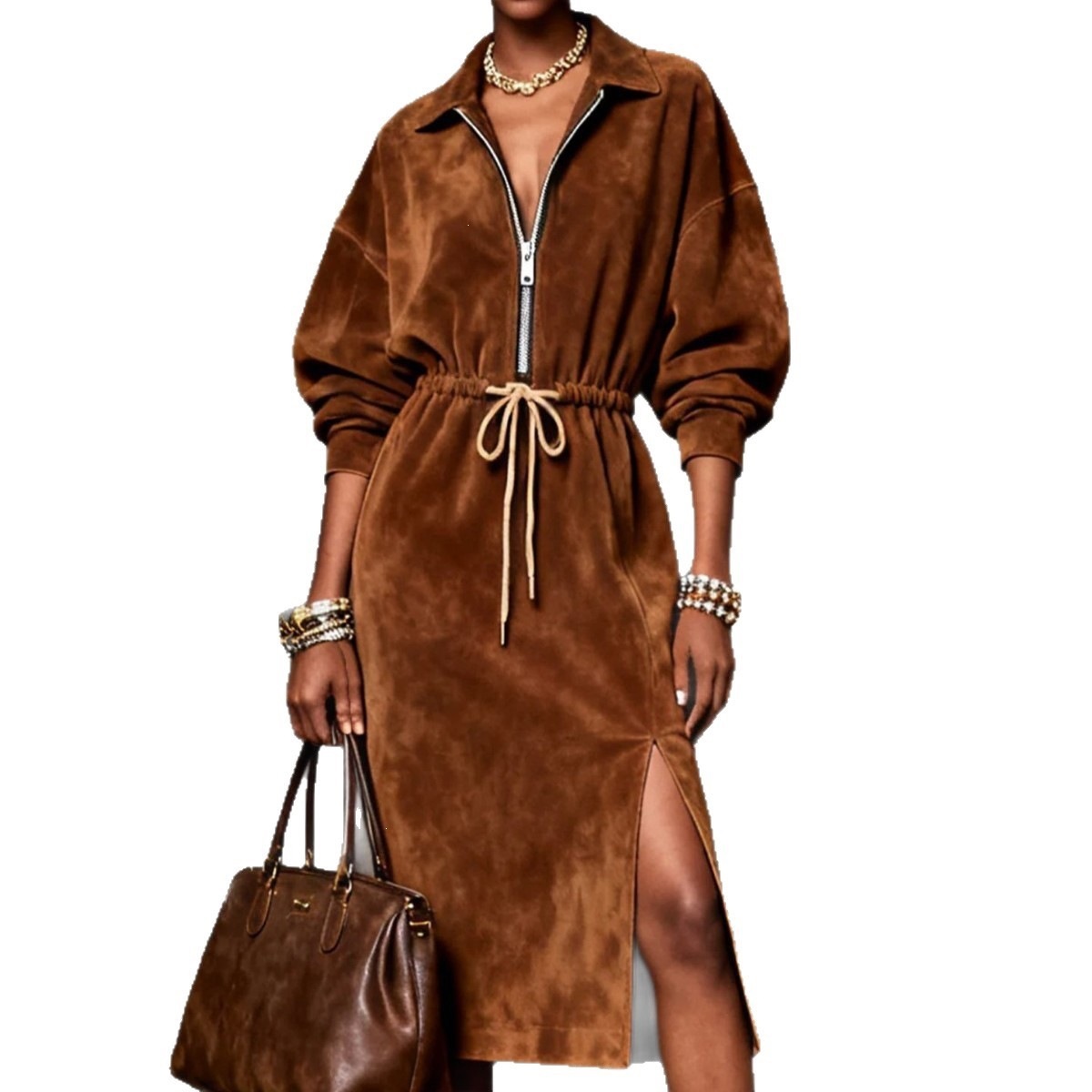 Western Style Retro Half-Zip Drawstring Waist Midi Dress with Slit