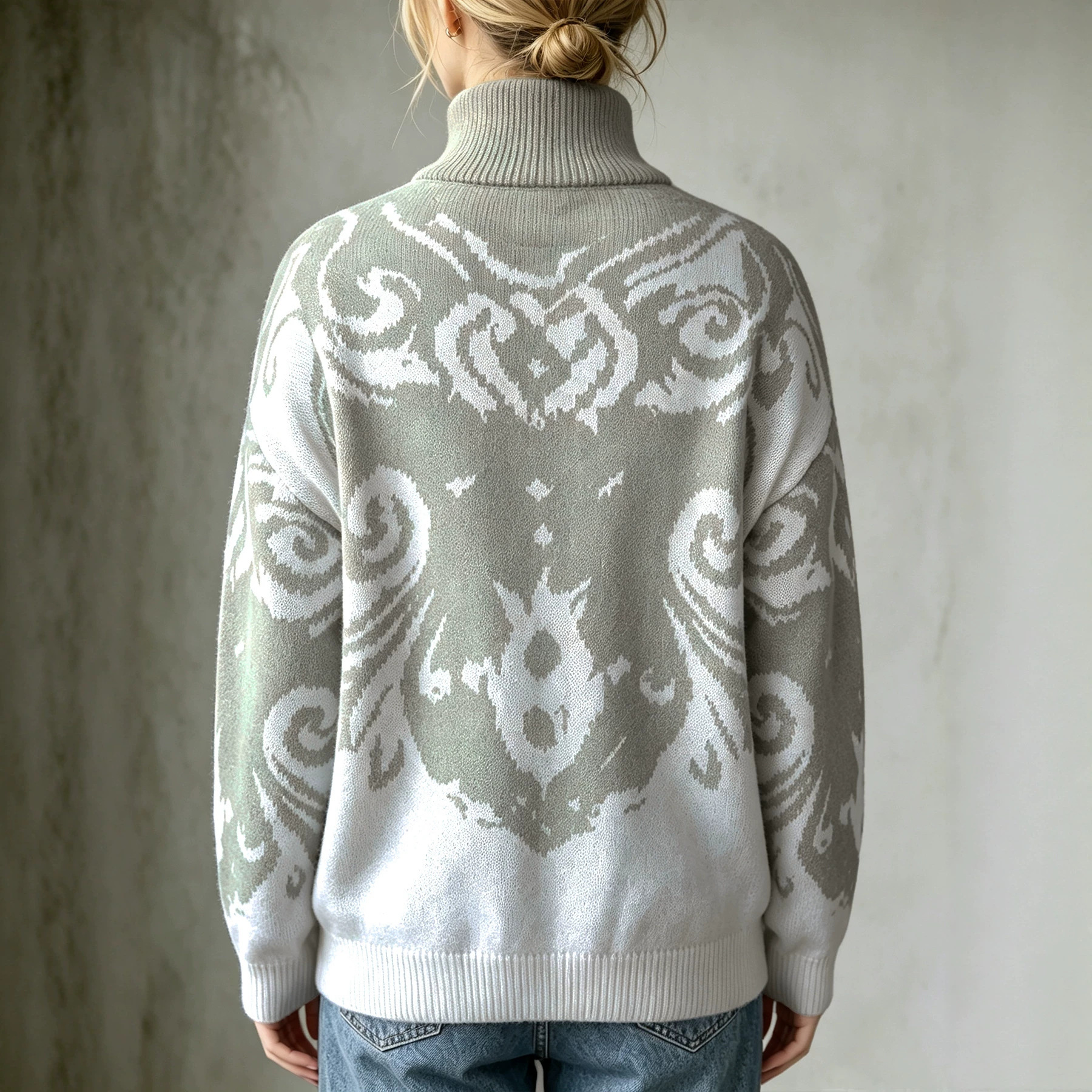 Women's Turtleneck Knit Sweater Vintage Jacquard Gradient Colorblock Loose Drop Shoulder