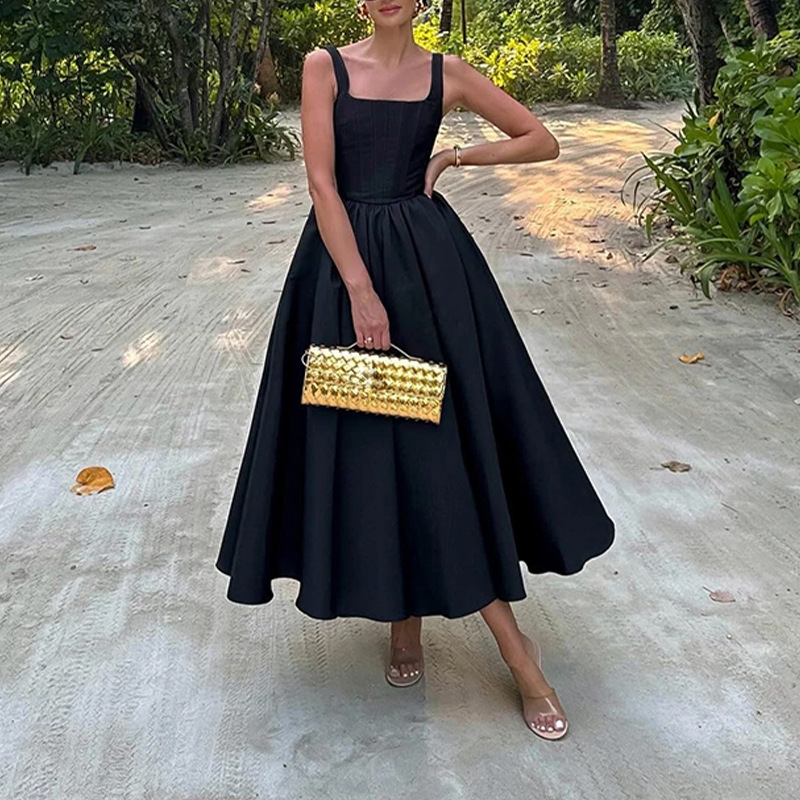 Women's Elegant Pleated Waist Midi Dress