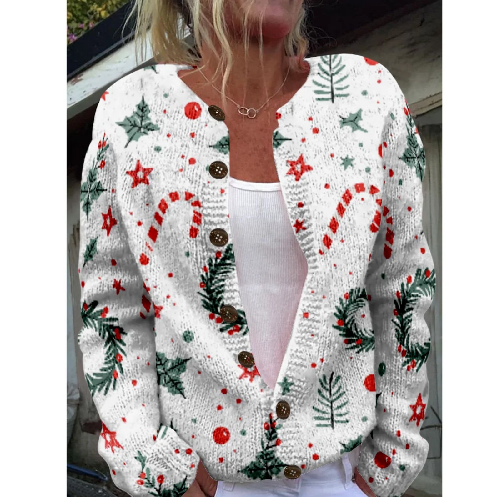 Women's Christmas Santa Print Button Cardigan Sweater