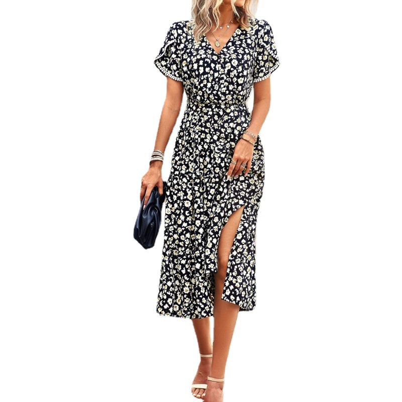 Women's V-Neck Floral Tie Split Midi Dress
