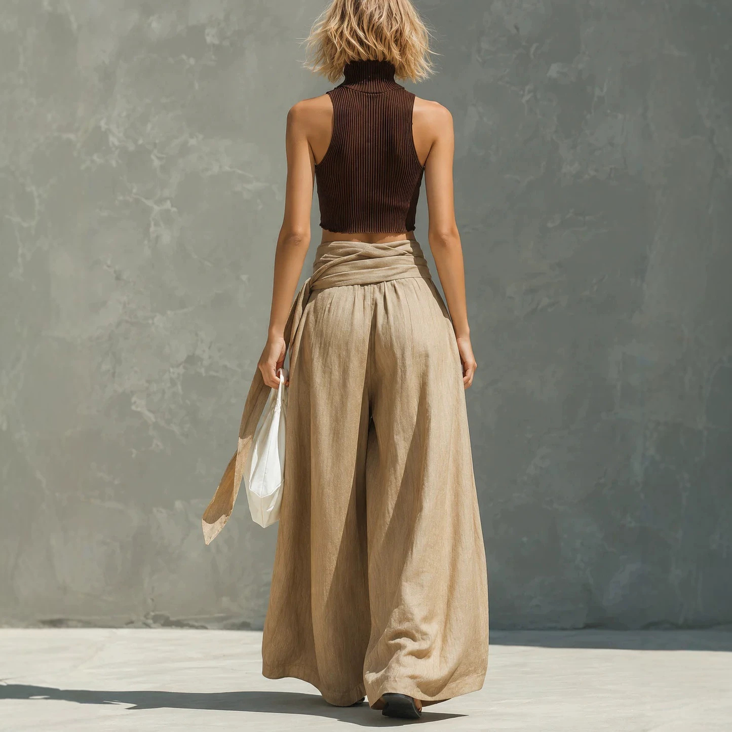 Solid Knit Sleeveless High Neck Top and Wide Leg Pants Set