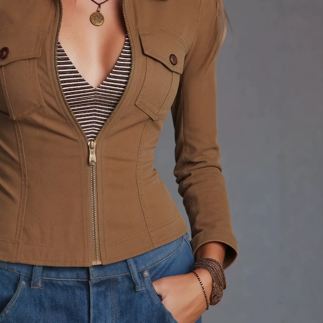 Brown Zip-Up Front Jacket Casual Slim Fit
