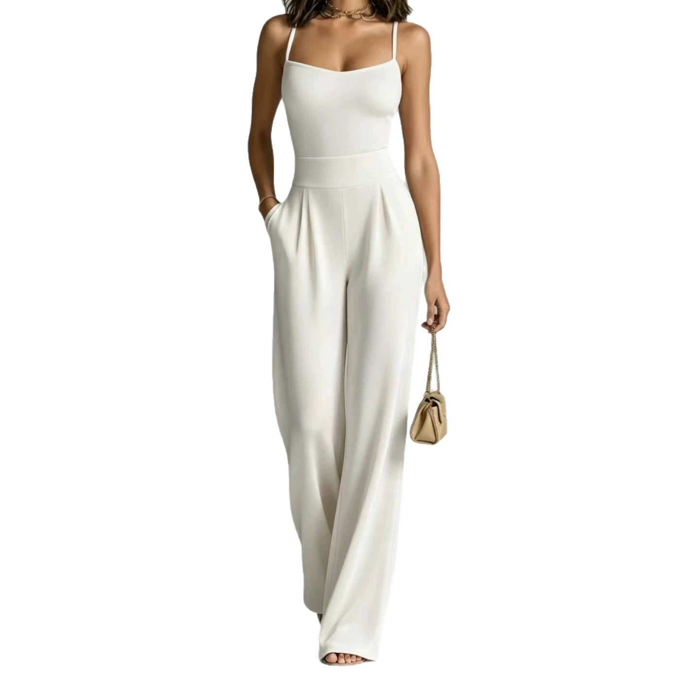 Women's Sleeveless Knit Jumpsuit with Pockets, Square Neck, Wide Leg, Cinched Waist