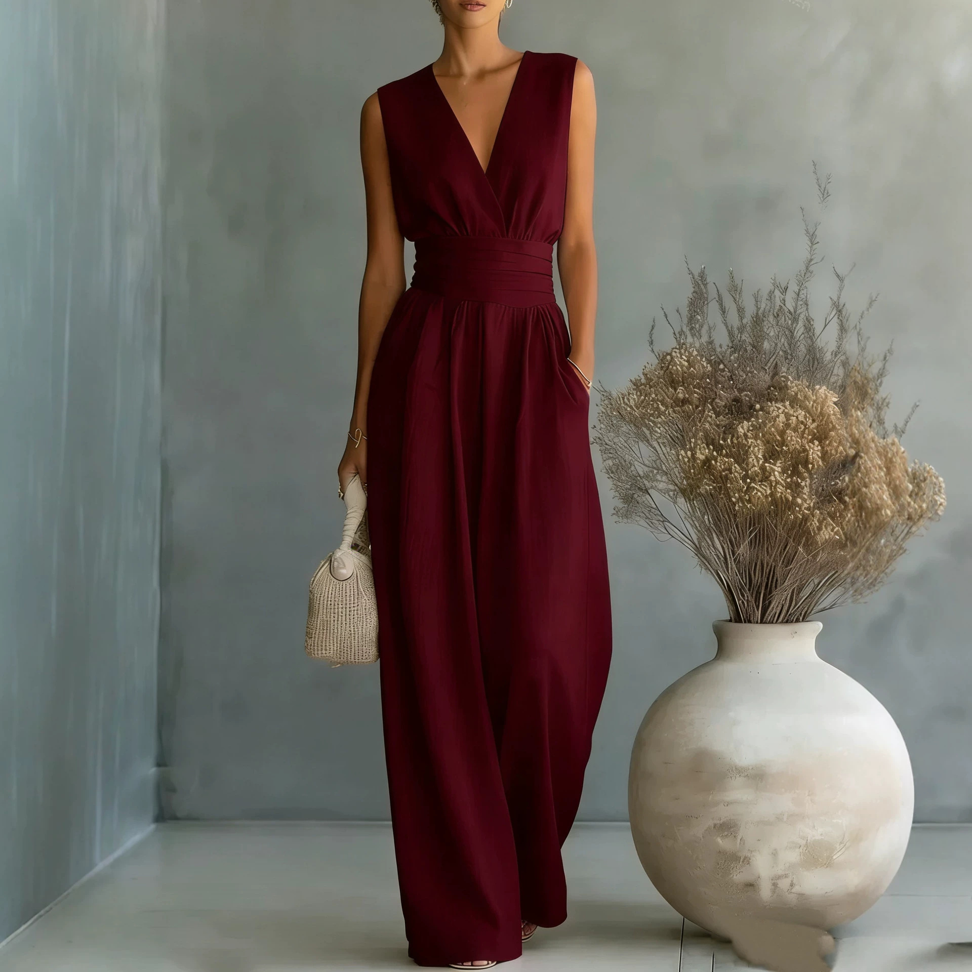 Elegant Sleeveless V-Neck Wide-Leg Jumpsuit with Cinched Waist