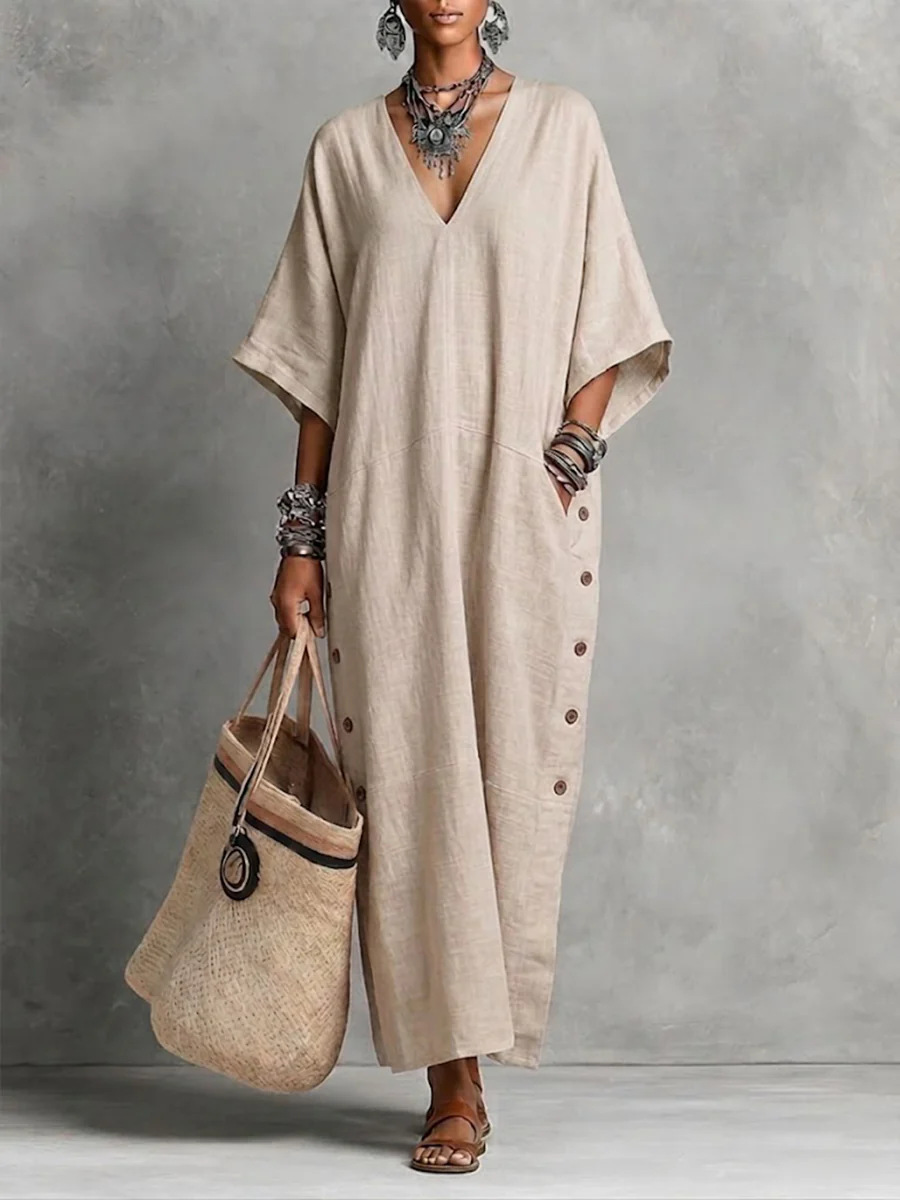 Linen-Blend Loose V-Neck Side-Button Midi Dress
