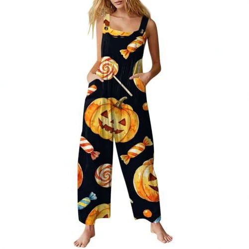Women's Halloween Pumpkin Cat Print Sleeveless Jumpsuit Casual