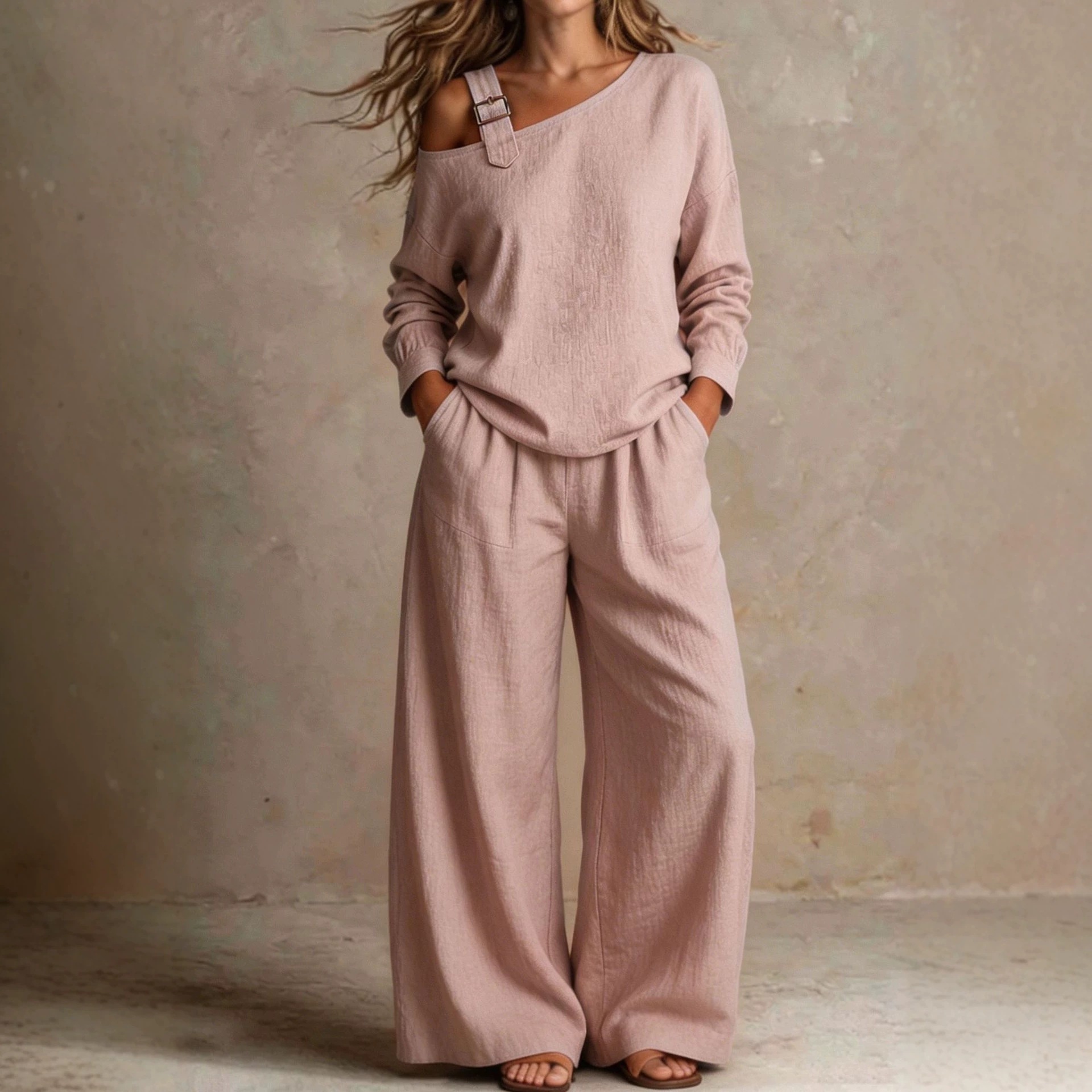 Women's Linen-Blend One-Shoulder Two-Piece Set