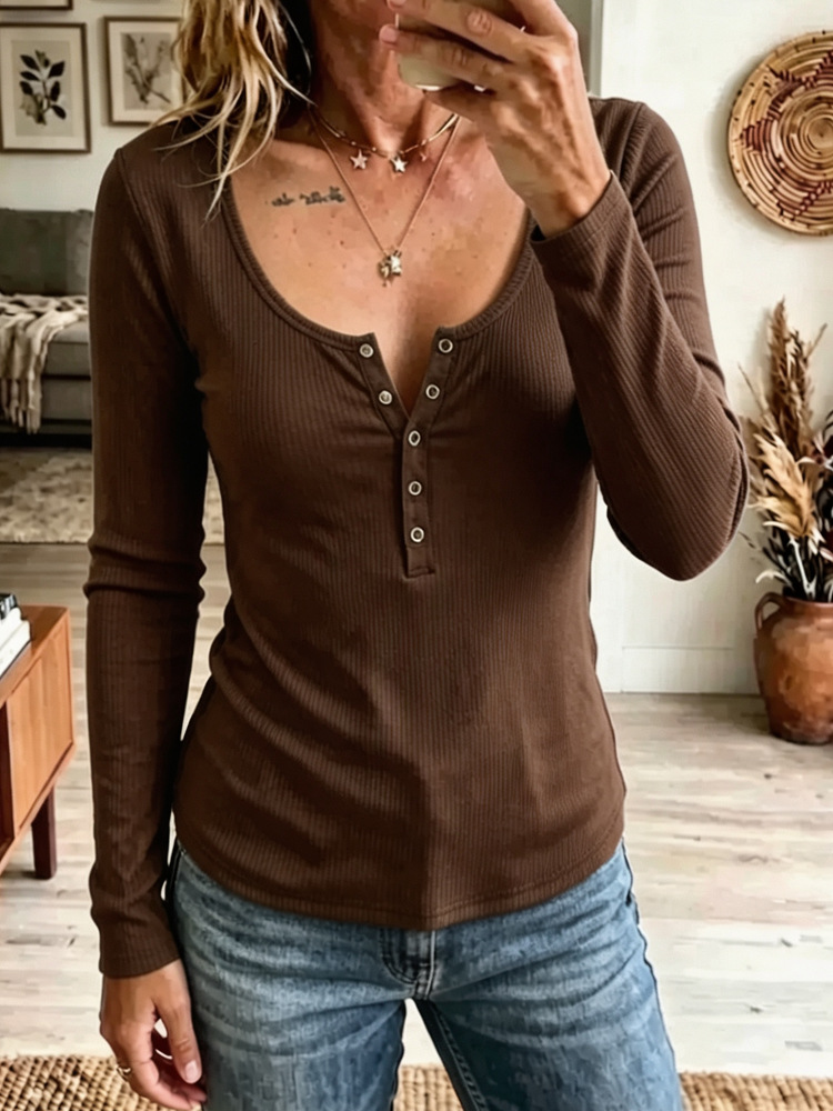 Solid Color Long Sleeve V-Neck Buttoned Slim Fit Ribbed Knit Top