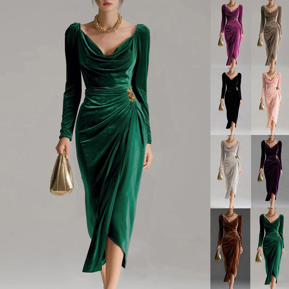 Women's Velvet Long Sleeve Ruched High Slit Bodycon Dress