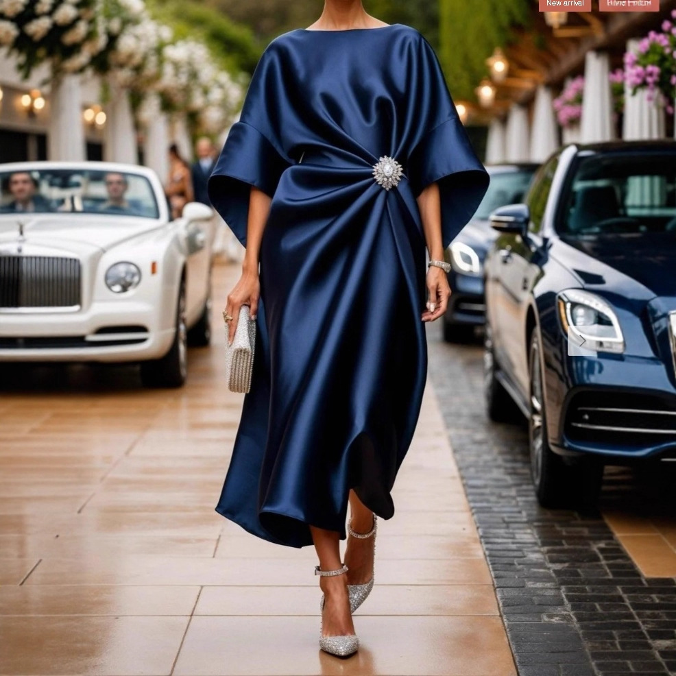Solid Satin Knot Midi Dress Long High Waist Round Neck